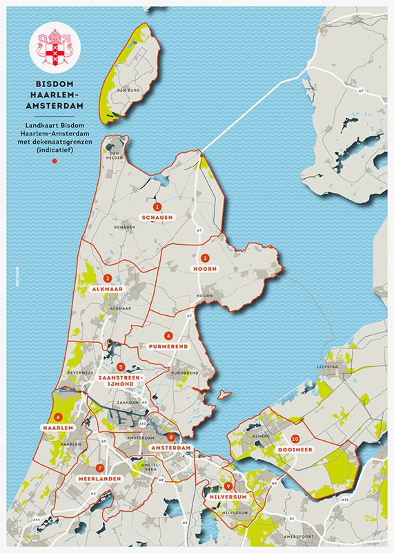 Landkaart met dekenaatgrenzen Bisdom Haarlem-Amsterdam